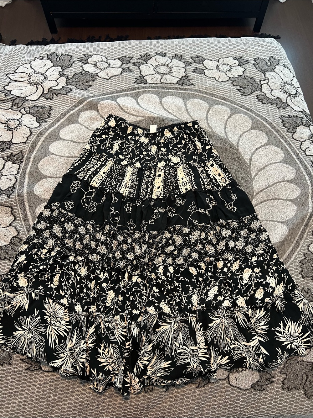 Bohemian Black & Cream Tiered Midi Skirt